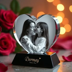 3D crystal heart-shaped photo gift with a black-and-white image of a mother and daughter sharing a hug, on a black base with 'Dormayy' engraved, surrounded by bokeh lights and roses