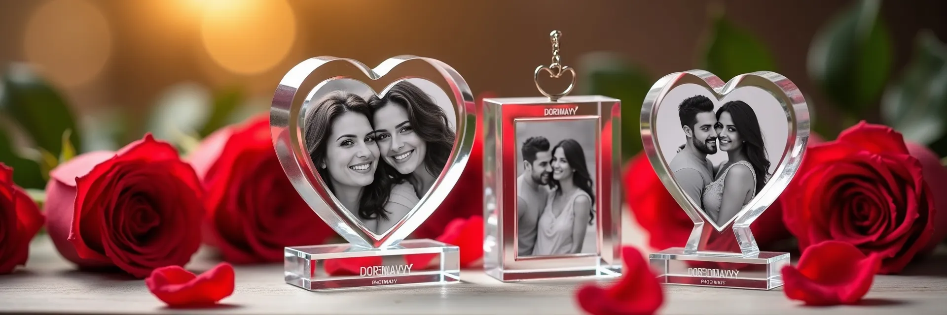 A collection of heart-shaped crystal photo gifts, including frames and a keychain, showcasing a smiling couple, with soft lighting and rose petals, creating a romantic atmosphere