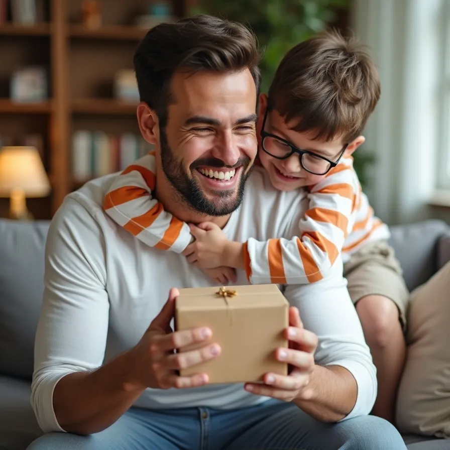 A father sits on a sofa holding a gift box, smiling warmly while his son, wearing glasses, hugs him joyfully in a cozy living room