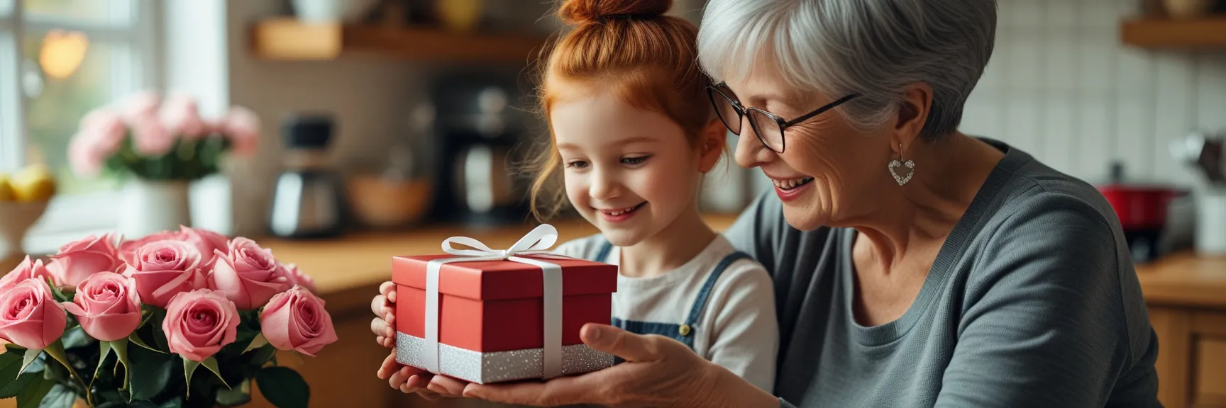 A grandmother with silver hair smiles as her red-haired granddaughter gives her a small red gift box in a cozy kitchen, with pink roses on the table