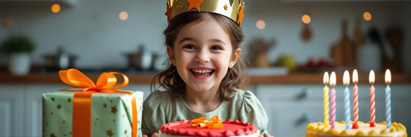 A joyful girl in a golden crown holds a gift at a birthday table with a red-iced cake and lit candles, surrounded by festive kitchen lighting