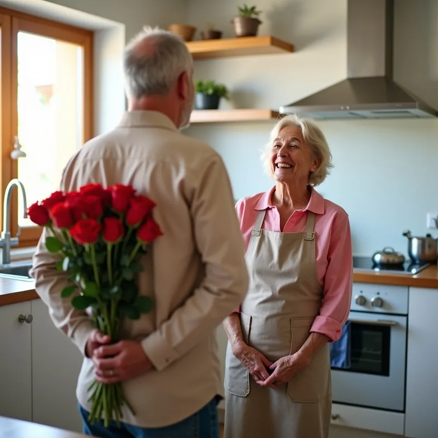 Elderly man with red roses surprising woman in pink shirt in a modern kitchen with natural light