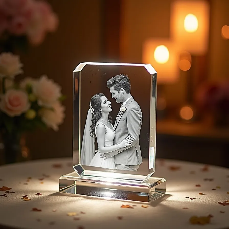 Engraved crystal photo with family or couple image, illuminated to highlight details, displayed on a stand with a romantic, warm atmosphere, symbolizing eternal memories