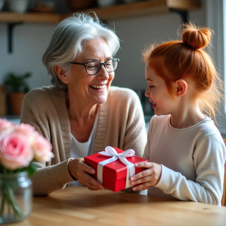 Grandmother with silver hair and glasses smiles as her red-haired granddaughter offers a red gift box in a cozy kitchen with pink roses on the table