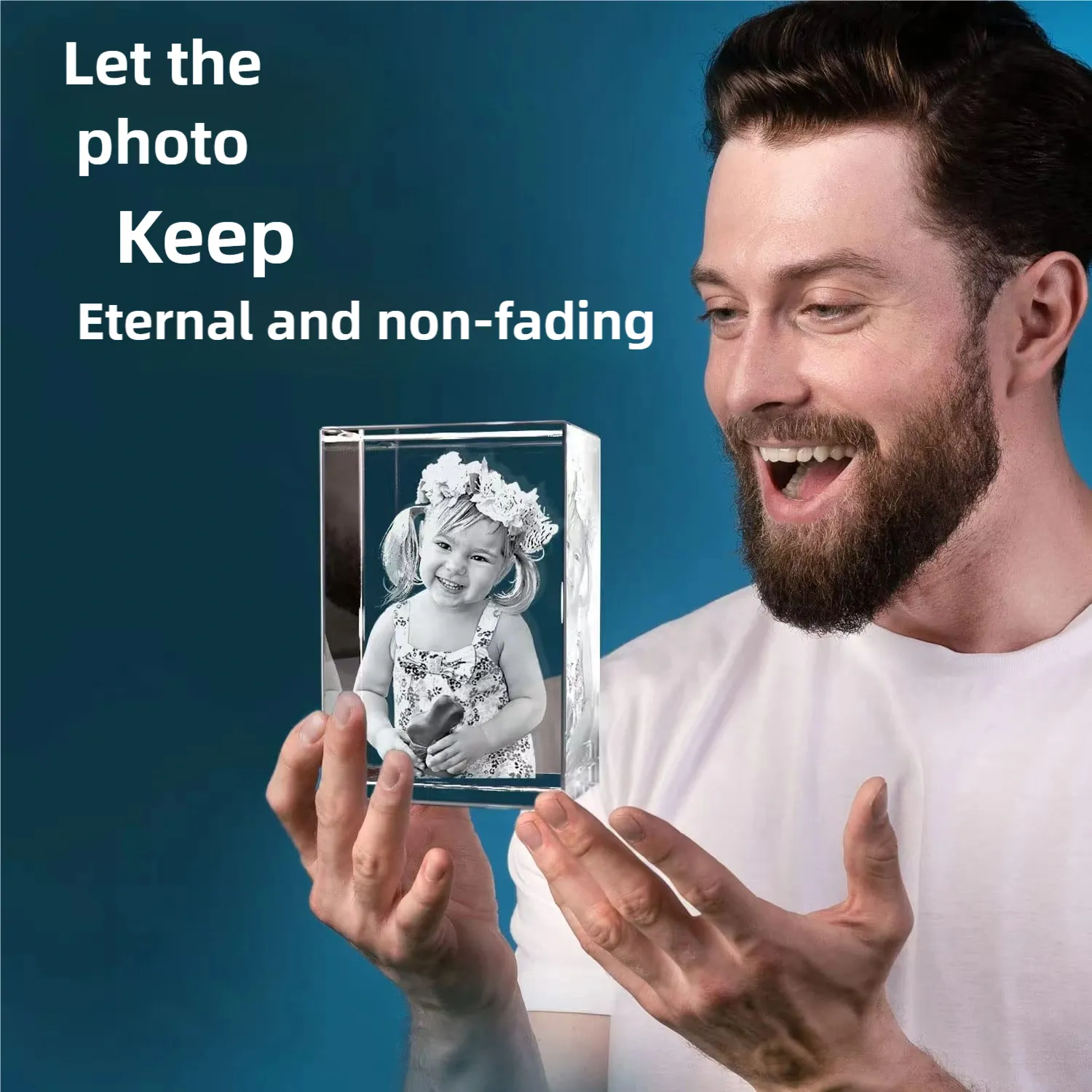 A man holds a crystal block with a picture of a smiling girl, showing a personalized custom crystal photo frame, suitable as a commemorative gift to preserve memories forever